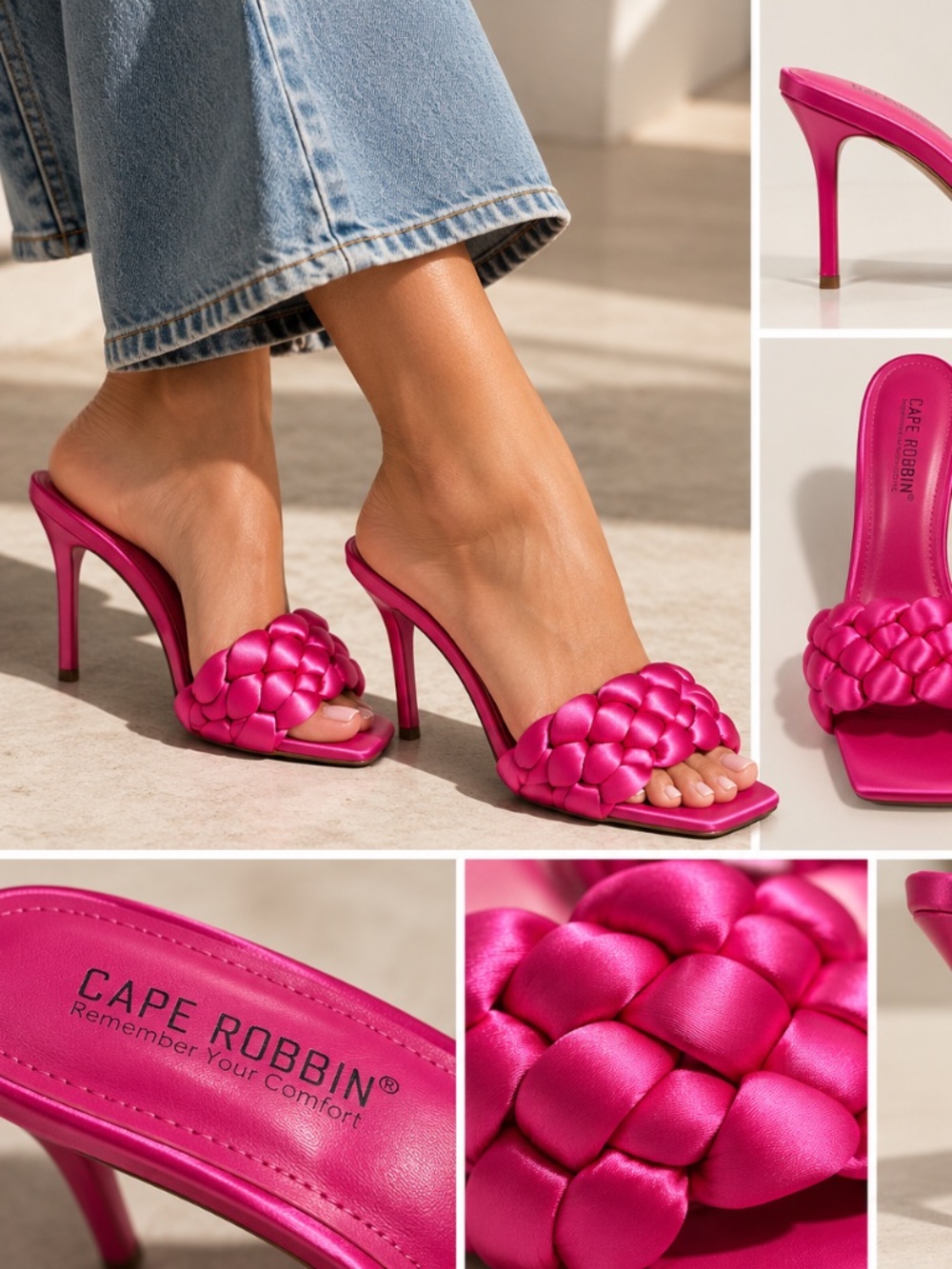 Cape Robbin Fuchsia Pink Satin Braided Mule Heels Square Toe Size 9